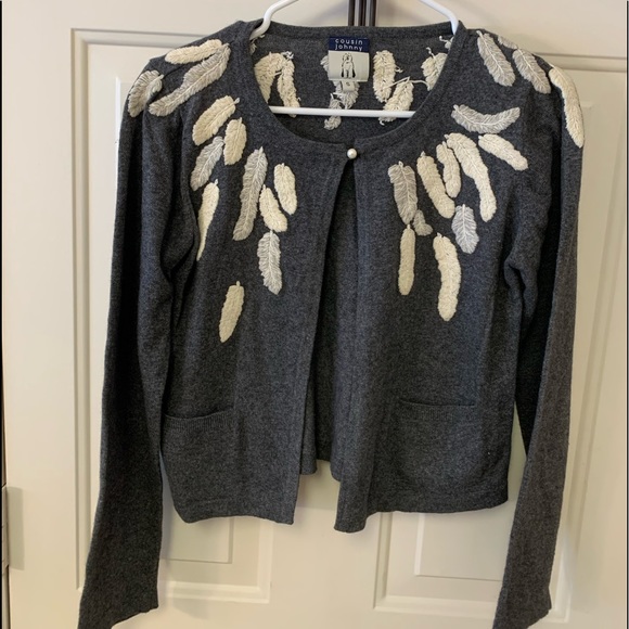 Cousin Johnny crop cardigan.  Gray angora cashmere blend embroidered feathers. - Picture 1 of 5